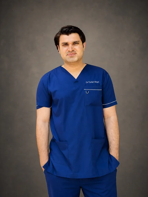 Portrait of Dr. Tufail Khan in blue medical scrubs.